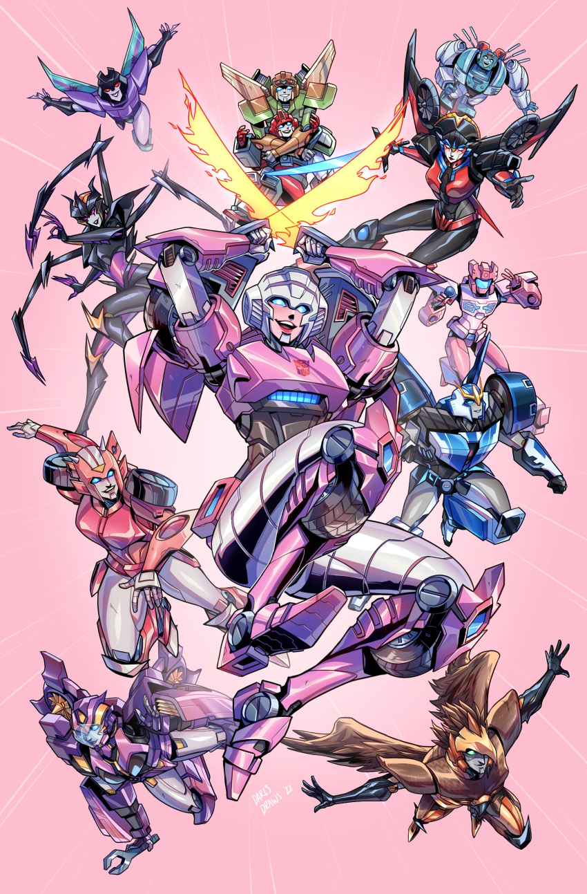 6+girls absurdres airachnid airazor annotated anode_(transformers) arcee autobot beast_wars beast_wars:_transformers blue_eyes cover cover_page doujin_cover dual_wielding elita_one energy_sword english_commentary extra_legs highres holding holding_sword holding_weapon holding_wrench kiss_players lina_rojas lug_(transformers) mecha multiple_girls nautica_(transformers) nickel_(transformers) open_mouth parted_lips pink_background pointing red_eyes robot rosanna_(transformers) science_fiction slipstream_(transformers) strongarm_(transformers) sword the_transformers_(idw) transformers transformers:_robots_in_disguise_(2015) transformers_animated transformers_prime weapon windblade wrench