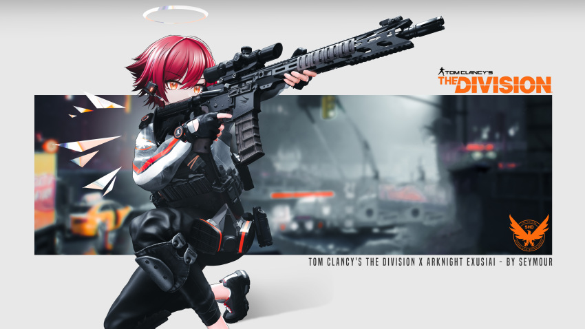 1girl absurdres ar-15 arknights assault_rifle barbed_wire barricade black_footwear black_gloves black_pants building car city commentary_request detached_wings earpiece exusiai_(arknights) fingerless_gloves gloves ground_vehicle gun halo highres holding holding_gun holding_weapon jacket knee_pads kneeling motor_vehicle orange_eyes outdoors pants redhead rifle seymour shoes short_hair sky sneakers solo tactical_clothes traffic_light truck urban weapon white_jacket wings