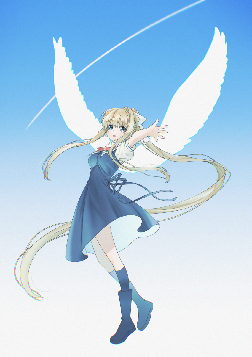 1girl :d absurdres air_(visual_novel) angel_wings ascot bangs black_dress black_footwear black_socks blonde_hair blue_eyes blue_sky breasts clouds commentary_request contrail dress full_body gradient_sky highres kamio_misuzu long_hair looking_at_viewer natsuoto_rito open_mouth outdoors pinafore_dress ponytail red_ascot short_sleeves sky smile socks very_long_hair white_wings wings