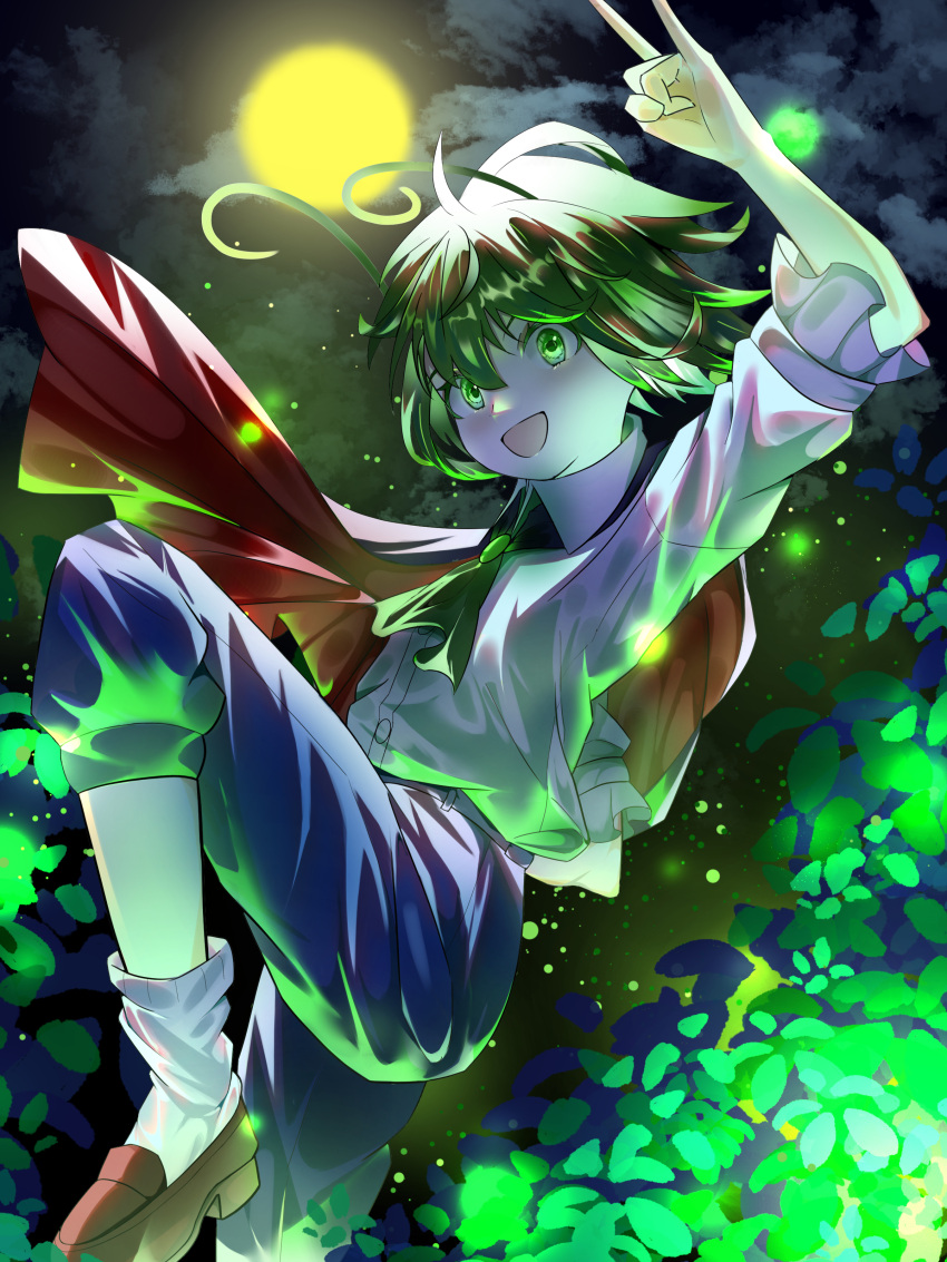 1girl :d absurdres androgynous antennae bangs black_cape blue_shorts bush cape clouds commentary_request foot_out_of_frame full_moon green_eyes green_hair highres loafers looking_at_viewer moon night open_mouth outdoors red_cape red_footwear shirt shoes short_hair short_sleeves shorts smile socks solo touhou two-sided_cape two-sided_fabric white_shirt white_socks wriggle_nightbug yomatsuri_(festival_night)
