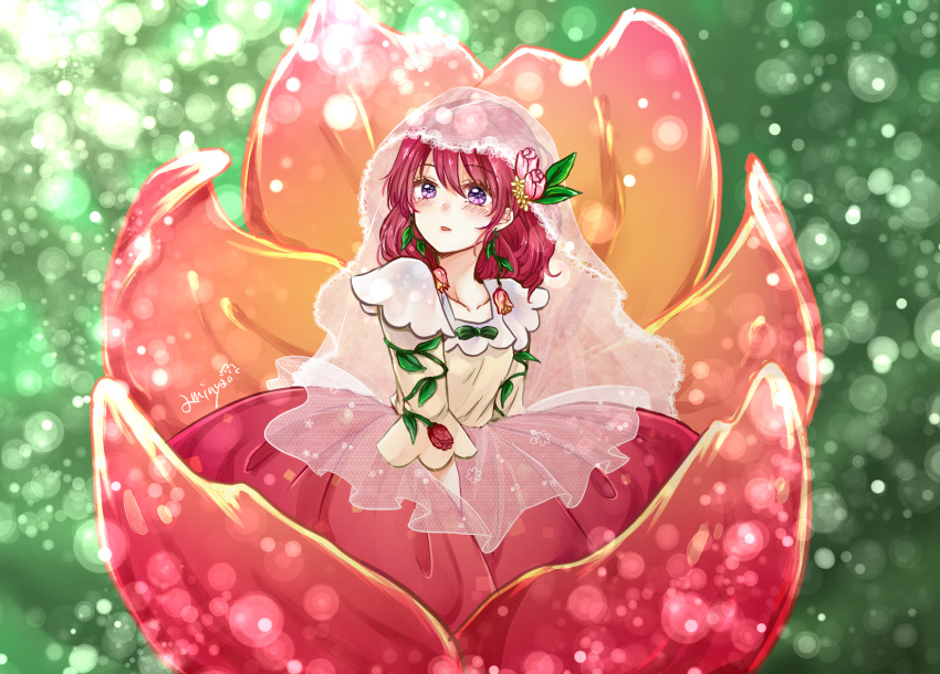 1girl akatsuki_no_yona aminyao blush bridal_veil commentary_request dress duplicate flower hair_flower hair_ornament highres looking_at_viewer medium_hair multicolored_clothes multicolored_dress open_mouth pink_dress pink_flower pink_tulip pixel-perfect_duplicate redhead solo tulip veil violet_eyes white_dress yona_(akatsuki_no_yona)
