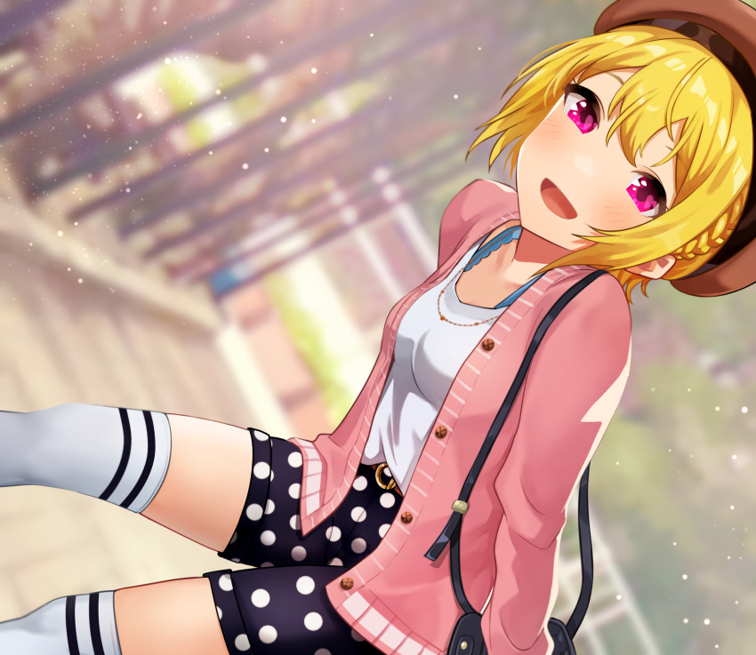 1girl :d bag bangs beret blonde_hair blurry blurry_background blush braid breasts brown_headwear cardigan crown_braid dutch_angle hair_between_eyes hanamasa_ono handbag hat highres ibuki_tsubasa idolmaster idolmaster_million_live! idolmaster_million_live!_theater_days jewelry light_particles looking_at_viewer necklace open_mouth outdoors pink_cardigan pink_eyes polka_dot polka_dot_shorts shirt short_hair shorts small_breasts smile thigh-highs white_shirt white_thighhighs