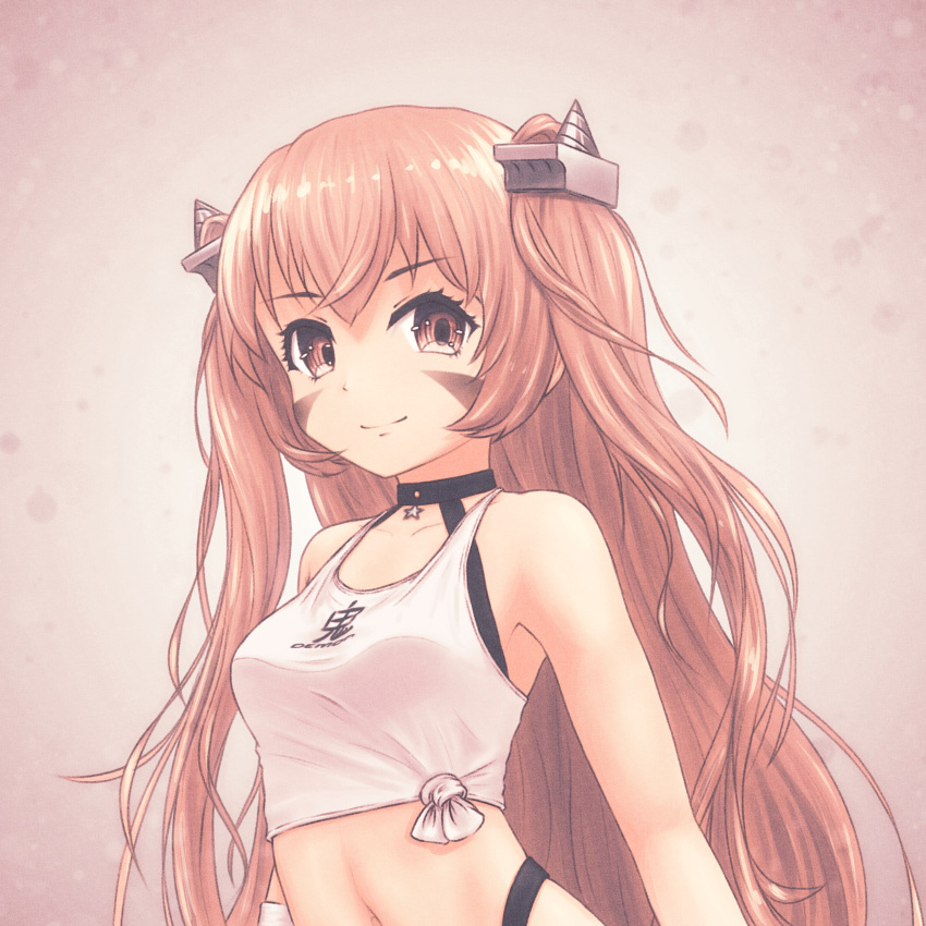 1girl absurdres breasts brown_eyes commentary english_commentary highres johnston_(kancolle) kantai_collection light_brown_hair long_hair medium_breasts navel official_alternate_costume shirt sleeveless sleeveless_shirt smile solo star_(symbol) tied_shirt twintails two_side_up upper_body vorisar white_shirt