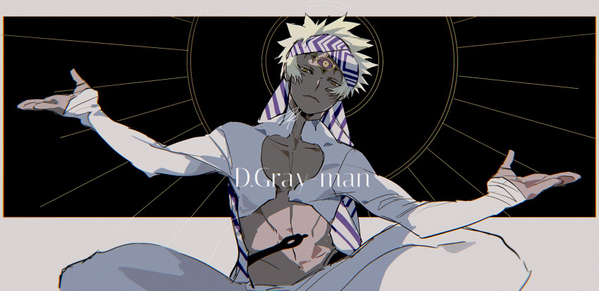 1boy azisaiharumaki56 blonde_hair closed_mouth copyright_name cropped_jacket d.gray-man dark-skinned_male dark_skin frown highres male_focus pants signature sitting solo striped_bandana white_pants wisely_kamelot yellow_eyes