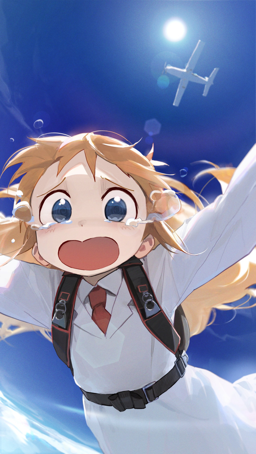 1girl absurdres aircraft airplane blonde_hair blue_sky clouds crying day falling highres labcoat logknn long_hair midair necktie nichijou outstretched_arms parachute professor_shinonome sky skydive spread_arms streaming_tears sun teardrop tearing_up tears