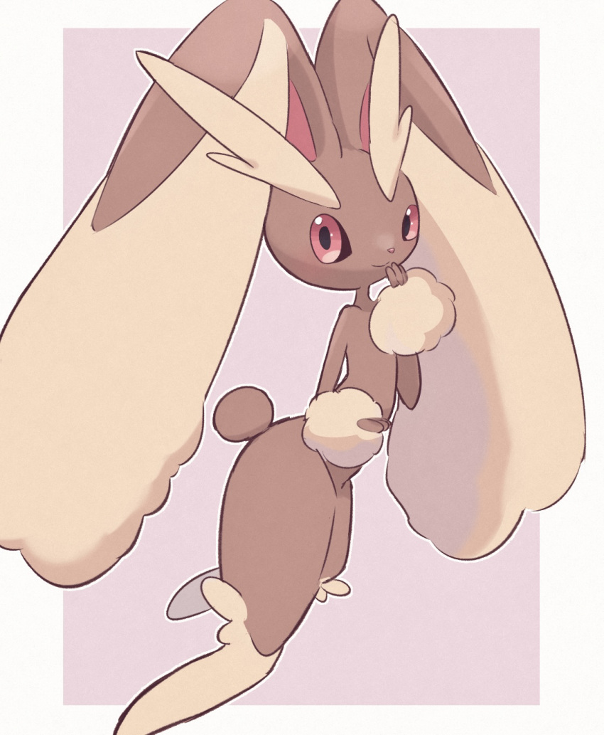 1girl animal_ears animal_nose body_fur border brown_fur closed_mouth commentary flat_chest full_body furry furry_female hand_to_own_mouth hand_up happy highres legs looking_at_viewer lopunny outline outside_border pink_background pio_(piopio_poke) pointy_ears pokemon pokemon_(creature) rabbit_ears rabbit_girl rabbit_tail red_eyes simple_background smile solo standing tail thick_thighs thighs two-tone_fur white_border white_outline yellow_fur