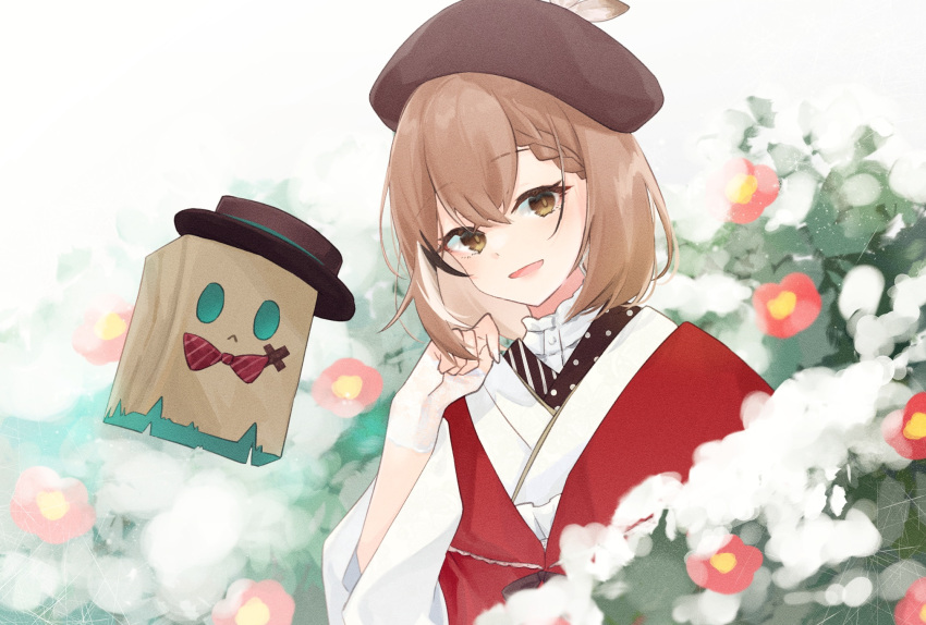 1girl ahoge bangs beret bow bowtie braid braided_bangs brown_eyes brown_hair commentary flower friend_(nanashi_mumei) gloves hat highres hololive hololive_english japanese_clothes kimono kotake_8 lace lace_gloves looking_at_viewer multicolored_hair nanashi_mumei official_alternate_costume red_flower red_shawl ribbon shawl short_hair smile snow streaked_hair top_hat virtual_youtuber white_kimono wide_sleeves