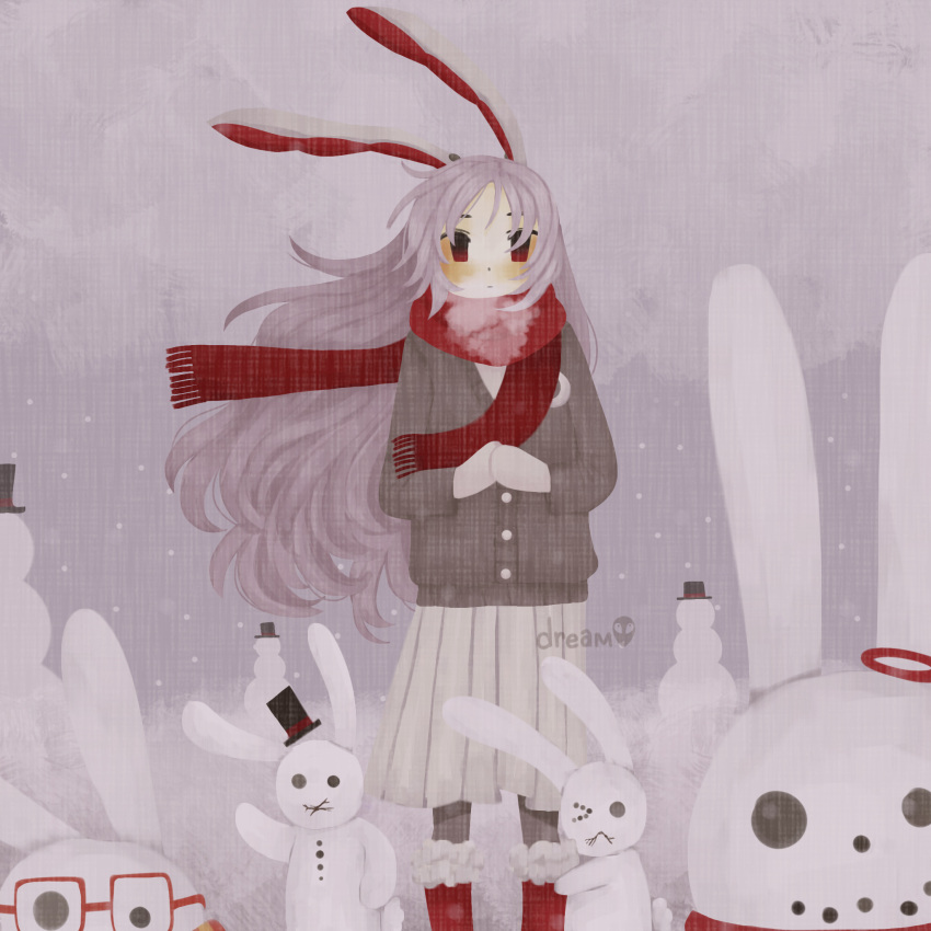 animal_ears astr0n0tes black_jacket black_leggings boots commentary fur-trimmed_boots fur_trim highres jacket leggings light_purple_hair long_hair pleated_skirt purple_hair rabbit_ears rabbit_girl rabbit_tail red_eyes red_footwear red_scarf reisen_udongein_inaba scarf skirt snow snow_bunny snowman symbol-only_commentary tail touhou very_long_hair white_mittens white_skirt winter