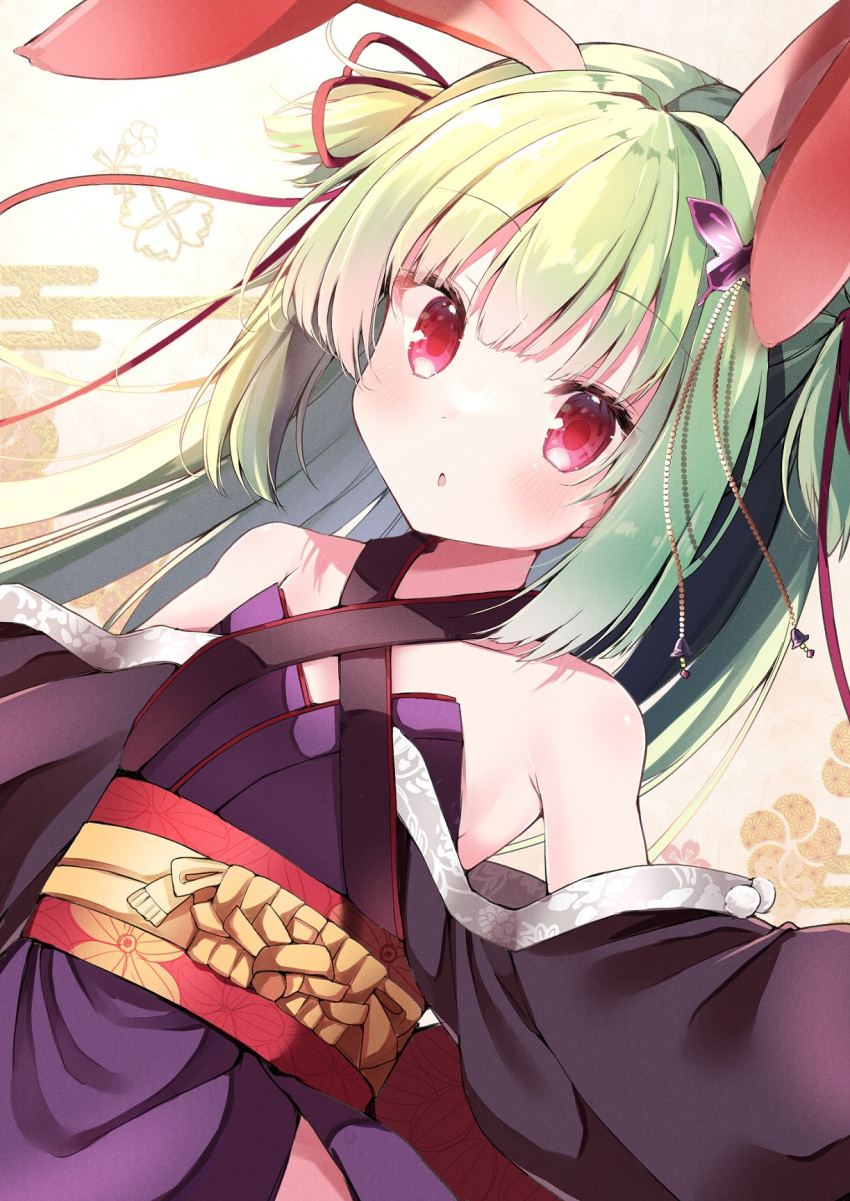 1girl 2023 :o animal_ears bangs bare_shoulders bell black_kimono blunt_bangs blush butterfly_hair_ornament chinese_zodiac eyelashes flat_chest floral_background floral_print green_hair hair_bell hair_ornament hair_ribbon highres hime_cut japanese_clothes kimono long_hair long_sleeves looking_to_the_side murasame_(senren) pom_pom_(clothes) purple_kimono rabbit_ears red_eyes red_ribbon red_sash ribbon sash senren_banka sidelocks solo takepoison two_side_up very_long_hair wide_sleeves year_of_the_rabbit yellow_background yuzu-soft