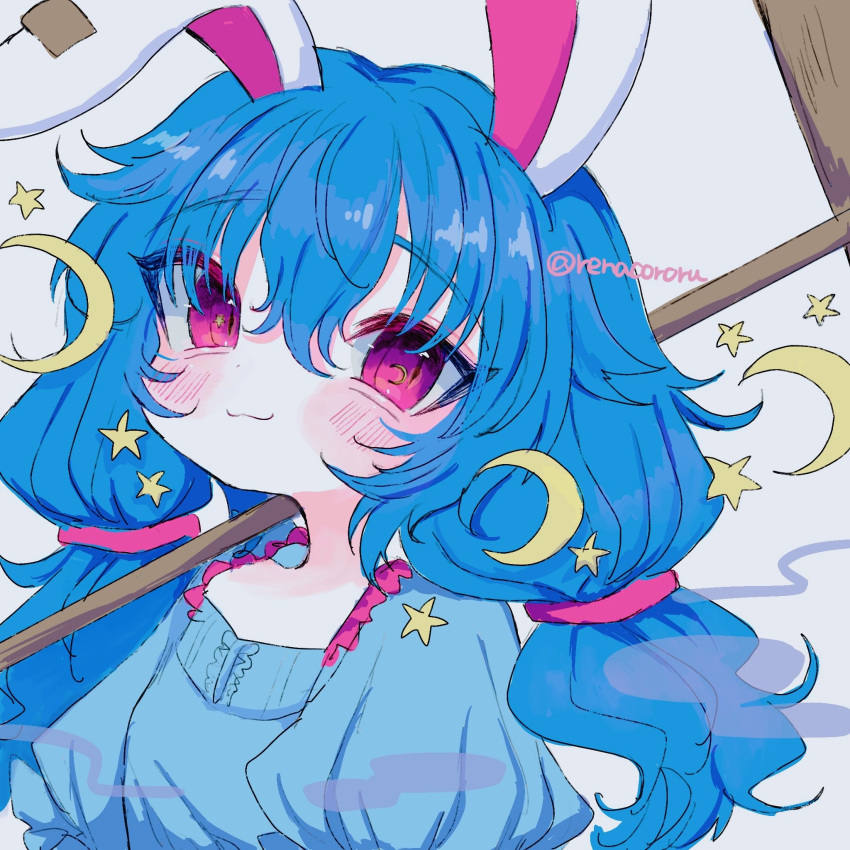 1girl :3 animal_ears bangs blue_dress blue_hair blush closed_mouth crescent dress earclip hair_between_eyes highres kine long_hair mallet one-hour_drawing_challenge portrait puffy_short_sleeves puffy_sleeves rabbit_ears red_eyes renakobonb seiran_(touhou) short_sleeves simple_background smile solo star_(symbol) touhou twitter_username white_background