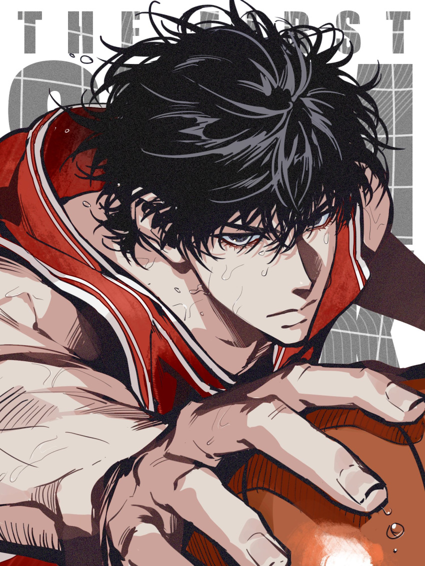 ajrtkf44 ball bangs basketball basketball_jersey basketball_uniform black_eyes black_hair copyright_name hair_between_eyes highres holding holding_ball korean_commentary looking_at_viewer red_shirt rukawa_kaede shirt short_hair slam_dunk_(series) sleeveless sleeveless_shirt sportswear sweat