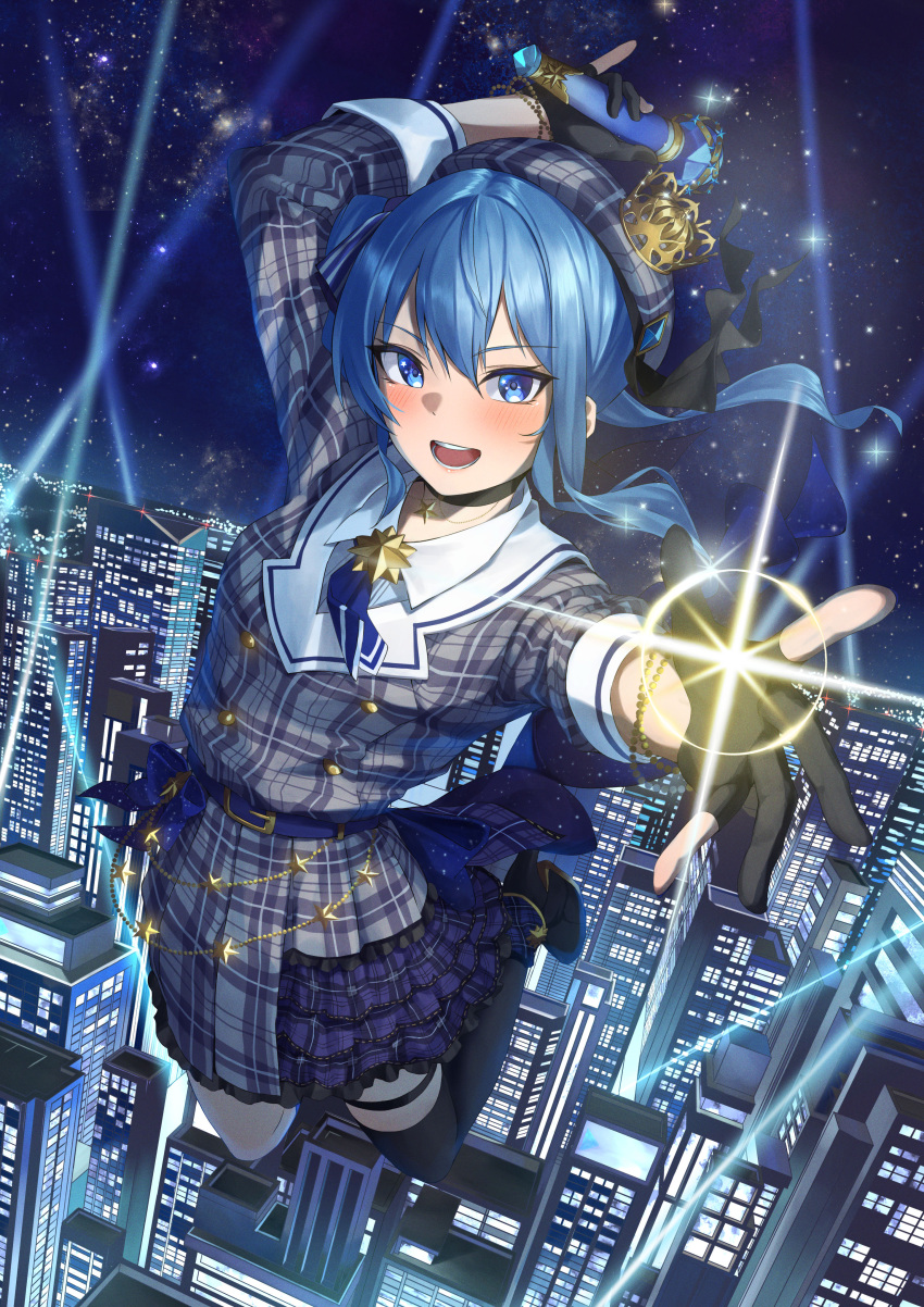 1girl absurdres asymmetrical_legwear bangs belt beret black_gloves black_thighhighs blue_belt blue_bow blue_eyes blue_hair blue_necktie blue_ribbon blush bow bow_skirt breasts brooch buttons chakuma_(yiyh1468) choker city cityscape collared_shirt crown double-breasted frilled_skirt frills gloves grey_headwear grey_jacket grey_skirt hair_between_eyes hair_ribbon hat highres holding holding_microphone hololive hoshimachi_suisei jacket jewelry kneehighs layered_skirt looking_at_viewer medium_hair microphone miniskirt mismatched_legwear necktie night night_sky open_mouth outdoors partially_fingerless_gloves plaid plaid_headwear plaid_jacket plaid_skirt pleated_skirt ribbon shirt side_ponytail single_kneehigh single_sock single_thighhigh skirt skirt_set sky sleeve_cuffs sleeves_past_elbows smile socks solo star_(sky) star_(symbol) star_brooch star_choker star_in_eye starry_sky symbol_in_eye thigh-highs thigh_strap uneven_legwear virtual_youtuber white_shirt