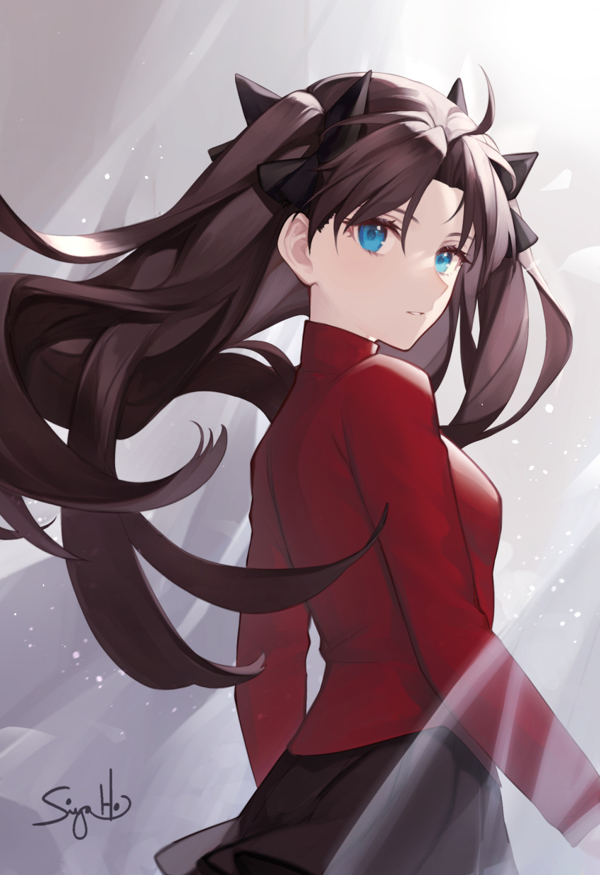 1girl bangs black_skirt blue_eyes brown_hair cowboy_shot fate_(series) from_side highres long_hair long_sleeves looking_to_the_side parted_bangs parted_lips pleated_skirt red_sweater signature siya_ho skirt solo sweater tagme tohsaka_rin twintails two_side_up
