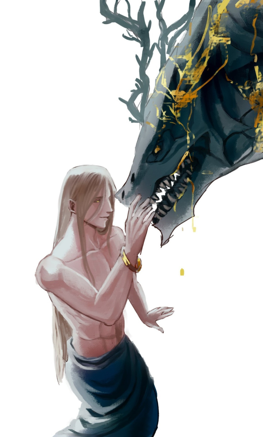 1boy 1other blonde_hair dragon dragon_horns dragon_wings elden_ring godwyn_the_golden hand_on_another's_face highres horns lichdragon_fortissax long_hair pkbth sharp_teeth teeth white_background wings yellow_eyes