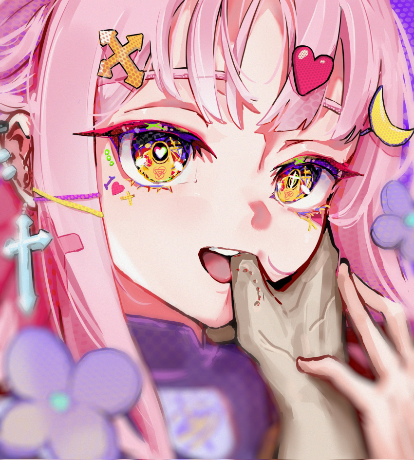 1girl 1other bite_mark blue_archive colored_eyelashes commentary_request cross cross_earrings earrings finger_in_another's_mouth heart heart-shaped_pupils highres jewelry long_hair mika_(blue_archive) multicolored_eyes pink_hair solo_focus sstthei sticker symbol-shaped_pupils yellow_eyes