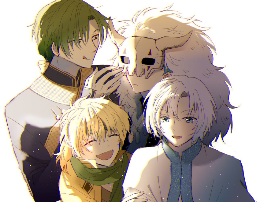4boys akatsuki_no_yona blonde_hair blue_eyes blush closed_eyes closed_mouth commentary_request fur_trim green_hair jae-ha_(akatsuki_no_yona) kija_(akatsuki_no_yona) korean_clothes long_hair long_sleeves low_ponytail mask multiple_boys open_mouth shin-ah_(akatsuki_no_yona) short_hair to_mi4922 tongue tongue_out violet_eyes white_background white_hair zeno_(akatsuki_no_yona)