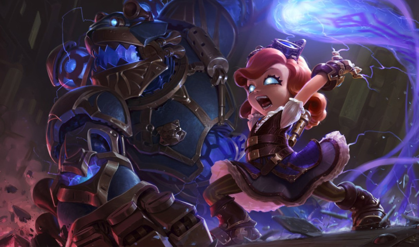 1girl annie_(league_of_legends) arms_up bad_source bangs belt brown_belt brown_footwear brown_pants brown_vest electricity frilled_shirt frilled_skirt frills goggles goggles_on_head grey_skirt hextech_annie league_of_legends leaning_forward mecha medium_hair official_alternate_costume open_mouth pants puffy_short_sleeves puffy_sleeves redhead robot sharp_teeth shirt short_sleeves skirt standing striped striped_pants teeth tibbers vest white_eyes white_shirt