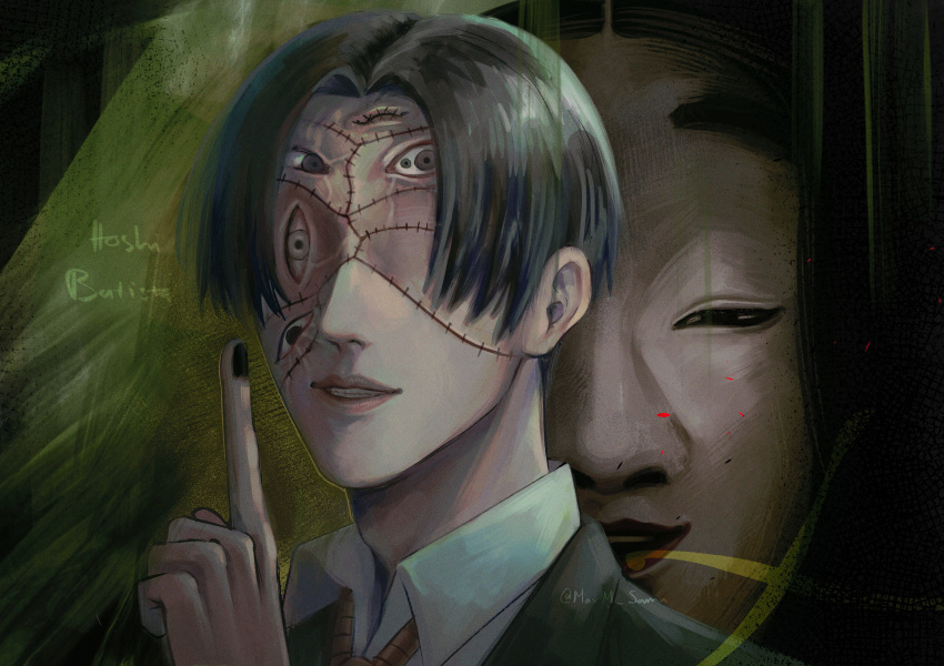 1boy absurdres black_hair black_jacket black_nails character_name choujin_x collared_shirt finger_to_mouth formal highres jacket looking_at_viewer maxm_sama noh_mask noh_mask_(choujin_x) noose parted_lips patchwork_skin shirt short_hair shushing smile solo stitched_eye stitched_face stitches suit white_shirt