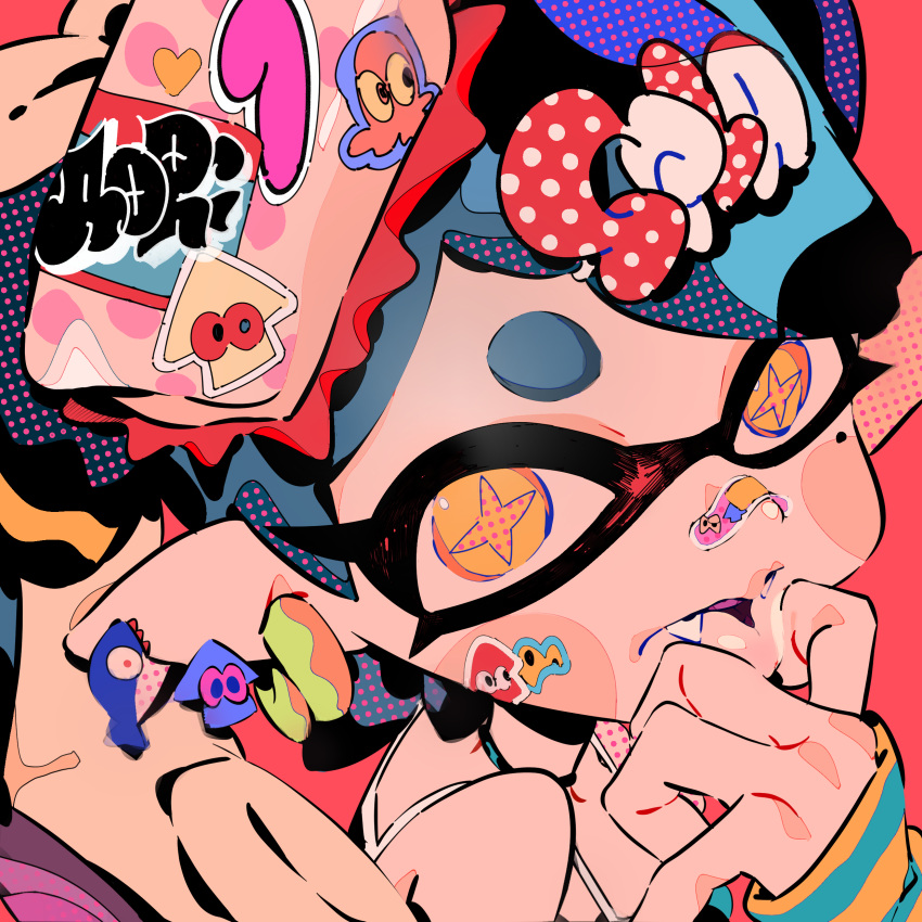 1girl absurdres alternate_costume black_hair callie_(splatoon) commentary_request hair_ornament highres long_hair long_sleeves looking_at_viewer matumot pointy_ears shirt solo splatoon_(series) star-shaped_pupils star_(symbol) sticker sticker_on_face symbol-shaped_pupils teeth tentacle_hair upper_teeth_only very_long_hair yellow_eyes