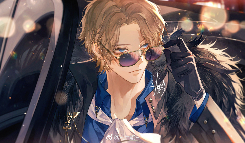 1boy absurdres aqua_eyes bangs bishounen black_gloves blonde_hair car character_request closed_mouth cuffs expressionless fur-trimmed_jacket fur_trim glasses gloves ground_vehicle highres jacket long_sleeves male_focus motor_vehicle outdoors parted_bangs short_hair sideways_glance solo sqloveraven