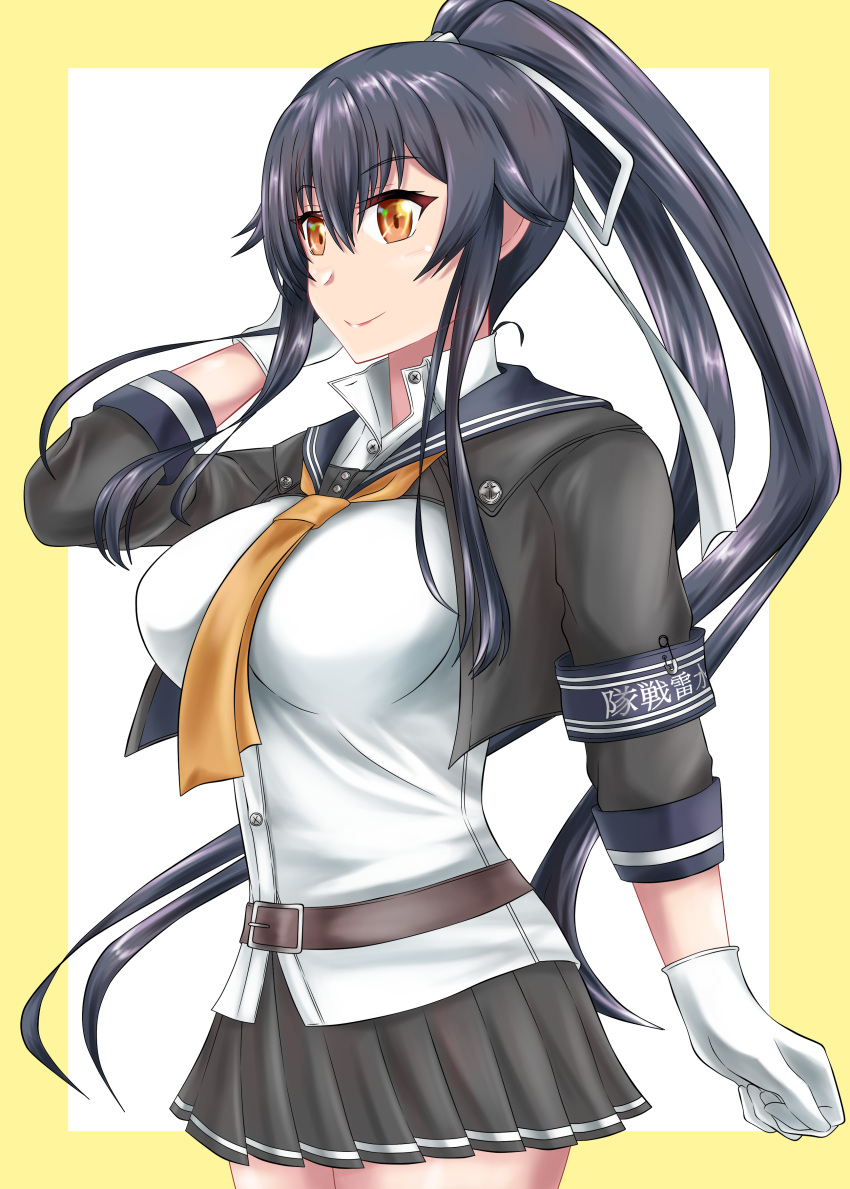 1girl absurdres armband belt black_belt black_hair black_sailor_collar black_skirt breasts brown_eyes cowboy_shot gloves hair_ribbon highres kantai_collection large_breasts long_hair miniskirt neckerchief nipa_(graf_xsr900) orange_neckerchief pleated_skirt ponytail ribbon sailor_collar school_uniform serafuku short_sleeves sidelocks skirt smile solo standing very_long_hair white_gloves white_ribbon yahagi_(kancolle) yahagi_kai_ni_(kancolle)