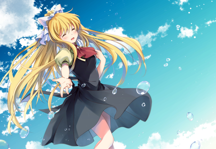 1girl air_(visual_novel) ascot bangs black_dress blonde_hair blue_sky bow breasts closed_eyes clouds commentary_request dress hair_bow highres kamio_misuzu long_hair medium_breasts open_mouth outdoors pinafore_dress ponytail puffy_short_sleeves puffy_sleeves red_ascot shirt short_sleeves sidelocks sky solo water white_bow white_shirt yukineko_(yukineko_stella)