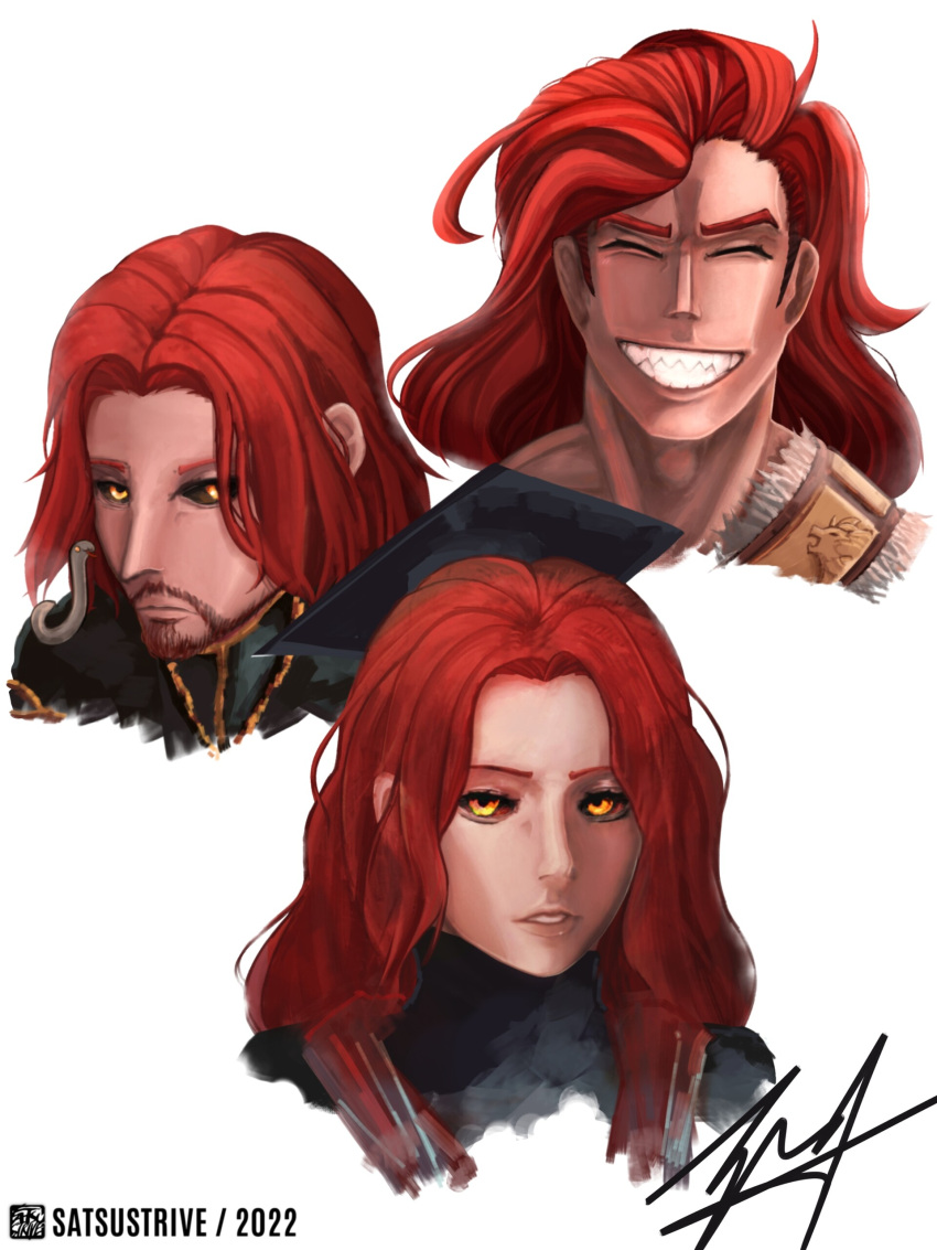 1girl 2boys absurdres artist_name brother_and_sister brothers elden_ring highres long_hair looking_at_viewer lunar_princess_ranni multiple_boys redhead rykard_lord_of_blasphemy satsustrive siblings signature smile snake starscourge_radahn white_background yellow_eyes
