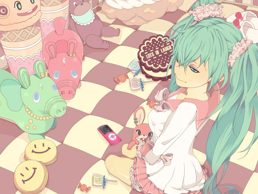 1girl animal_hood aqua_eyes aqua_hair blush collared_shirt commentary_request dress dual_persona frilled_dress frilled_skirt frilled_sleeves frills gloves hatsune_miku heart hood hoodie long_hair long_sleeves looking_at_viewer lots_of_laugh_(vocaloid) non-web_source open_mouth pilicapilira rabbit_hood red_gloves red_ribbon ribbon shirt short_sleeves skirt song_name stuffed_animal stuffed_bunny stuffed_toy toy twintails very_long_hair vocaloid