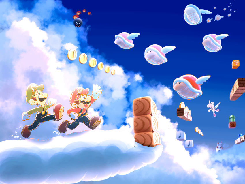 2boys ?_block above_clouds absurdres blue_overalls blue_sky brown_footwear castle clouds coin facial_hair flame_chomp gloves green_headwear hat highres koopa_paratroopa luigi mario multiple_boys mustache overalls p_switch para-beetle red_headwear sky super_mario_bros. super_mario_bros._3 supermaribou warp_pipe white_gloves white_wings wings