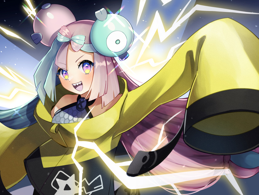 1girl :d arm_up bangs character_hair_ornament commentary_request electricity green_hair grey_shirt hair_ornament highres iono_(pokemon) jacket long_hair nito_(ninjin) open_mouth pokemon pokemon_(game) pokemon_sv sharp_teeth shirt sleeveless sleeveless_shirt sleeves_past_fingers sleeves_past_wrists smile solo star_(symbol) star_print teeth tongue upper_teeth_only violet_eyes yellow_jacket