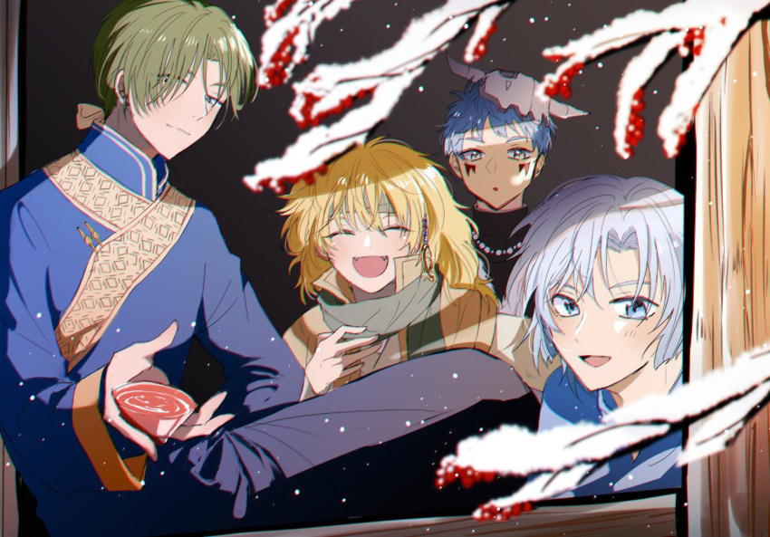 4boys akatsuki_no_yona blonde_hair blue_eyes blue_hair closed_eyes commentary_request facial_mark green_eyes green_hair jae-ha_(akatsuki_no_yona) kija_(akatsuki_no_yona) korean_clothes long_hair looking_at_viewer low_ponytail male_focus multiple_boys shin-ah_(akatsuki_no_yona) short_hair smile to_mi4922 white_hair zeno_(akatsuki_no_yona)