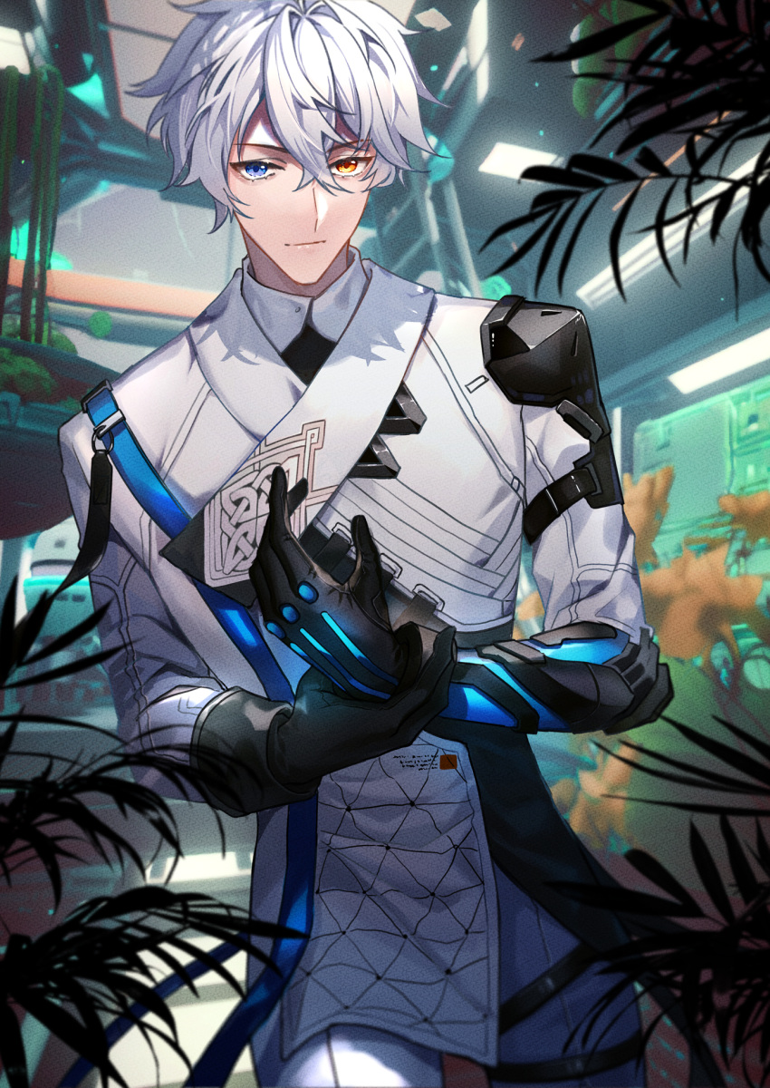 1boy bangs blurry blurry_background crossed_bangs foliage gloves grey_hair heterochromia highres jacket looking_at_viewer male_focus outdoors own_hands_together sheiyue short_hair smile solo standing tian_lang_(tower_of_fantasy) tower_of_fantasy white_jacket