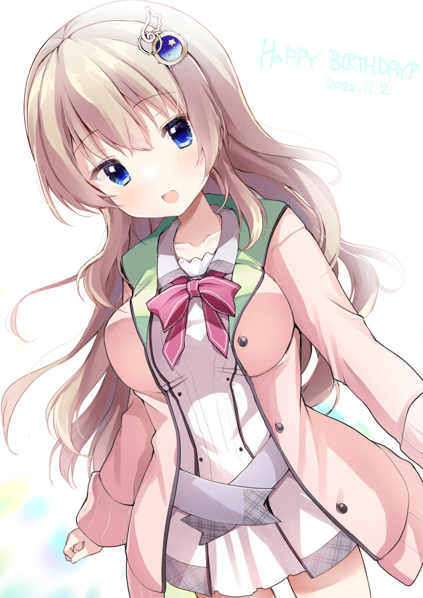 1girl 9-nine- bangs belt blue_eyes blush bow breasts brown_hair buttons center_frills clenched_hand collarbone commentary dated english_text frills gear_hair_ornament grey_belt grey_sailor_collar hair_between_eyes happy_birthday head_tilt highres jacket kujou_miyako large_breasts long_hair long_sleeves looking_at_viewer open_clothes open_jacket open_mouth pink_bow pink_jacket sailor_collar school_uniform shirt sidelocks simple_background smile solo star_(symbol) takepoison very_long_hair wavy_hair white_background white_shirt wing_hair_ornament