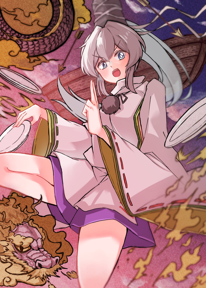 1girl absurdres arrow_(projectile) bangs black_headwear blush boat breasts bright_pupils clouds commentary_request dragon full_body gradient_sky grey_eyes grey_hair hat highres japanese_clothes jumping kariginu kuji-in long_hair long_sleeves looking_at_viewer medium_breasts mononobe_no_futo open_mouth pink_sky plate pom_pom_(clothes) ponytail purple_skirt purple_sky ribbon-trimmed_sleeves ribbon_trim skirt sky smile solo takana_(forsterite) tate_eboshi touhou v-shaped_eyebrows watercraft white_pupils wide_sleeves