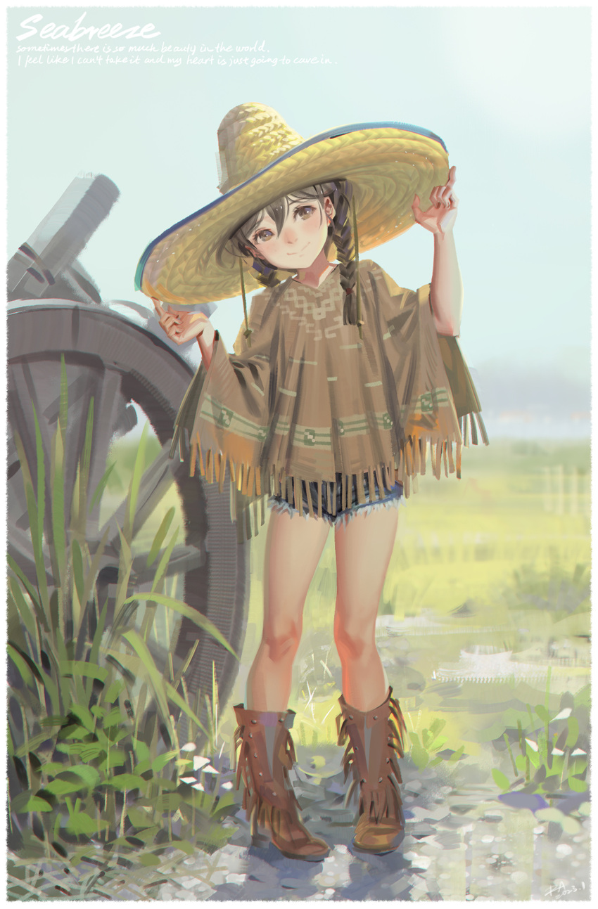 1girl alphonse_(white_datura) bad_id bad_pixiv_id black_eyes black_hair blush boots braid closed_mouth commentary cowboy_boots denim denim_shorts english_text hair_between_eyes hat highres original poncho shorts smile solo sombrero standing twin_braids