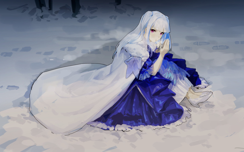 1girl absurdres bangs blue_bow blue_dress blunt_bangs bow breath breathing_on_hands cloak cold dress footprints frilled_sleeves frills full_body fur_trim gown highres lace-trimmed_skirt lace_trim layered_dress legs_together lize_helesta long_hair looking_at_viewer nijisanji official_alternate_costume official_alternate_hairstyle outdoors own_hands_together pleated_skirt short_sleeves side_ponytail sitting skirt snow solo tree violet_eyes virtual_youtuber white_cloak white_footwear white_hair zxjv