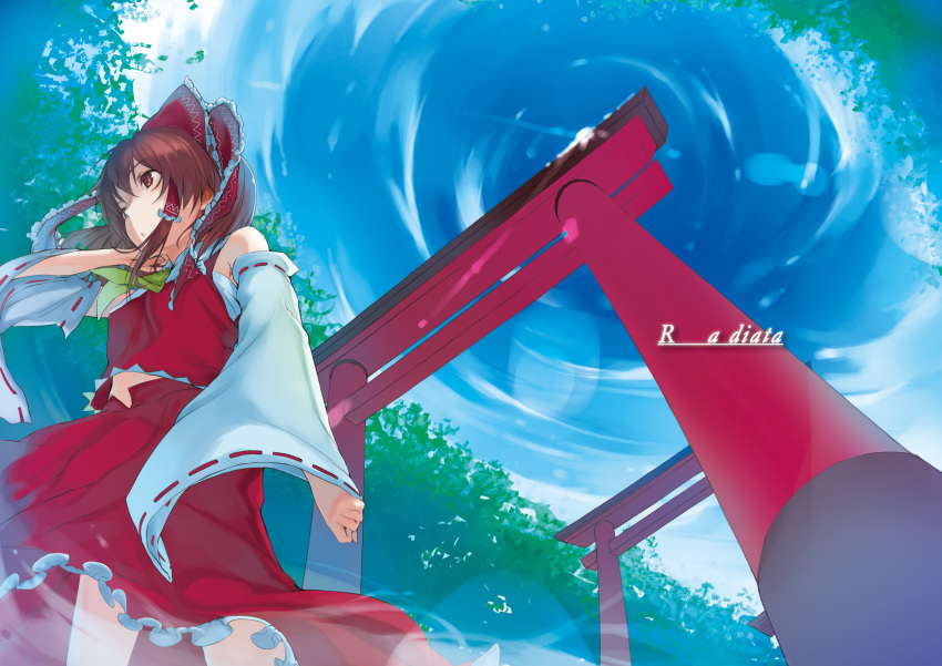 1girl absurdres bangs bare_shoulders blue_sky bow brown_eyes brown_hair closed_mouth clouds cloudy_sky frilled_skirt frills from_below hair_bow hakurei_reimu highres japanese_clothes ken-1 long_hair miko neckerchief nontraditional_miko outdoors red_bow red_shirt red_skirt shirt skirt sky solo touhou tree white_sleeves yellow_neckerchief