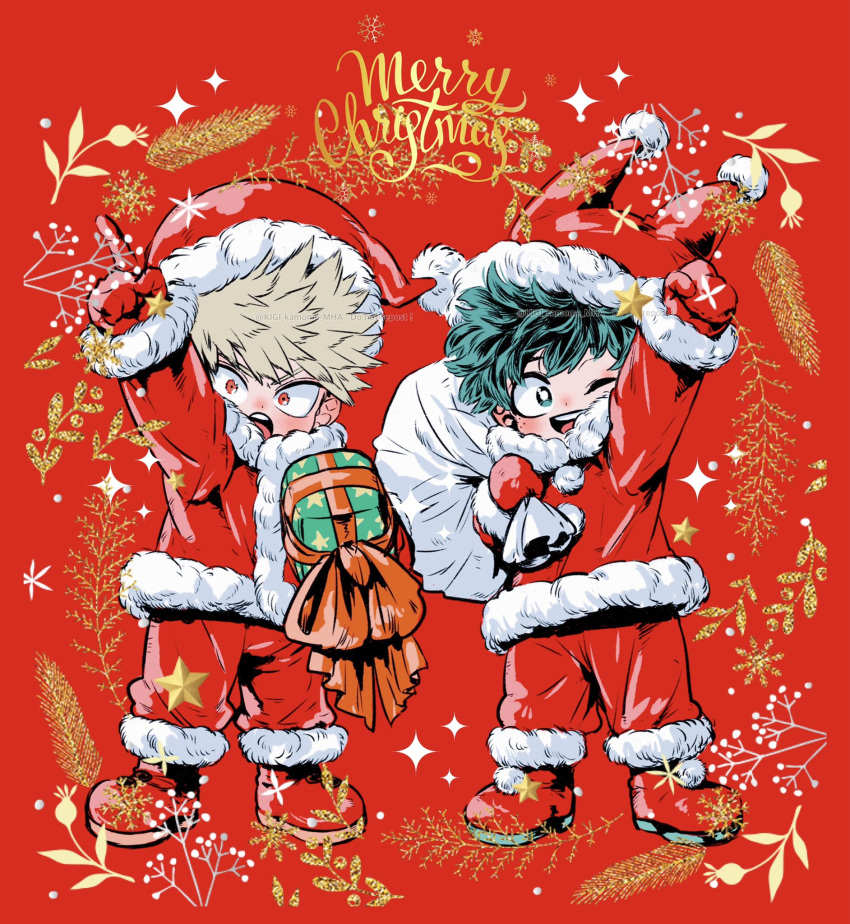 2boys aged_down arm_up bag bakugou_katsuki blonde_hair blush boku_no_hero_academia child christmas clenched_hand coat commentary_request freckles full_body fur-trimmed_coat fur_trim gift gloves green_eyes green_hair hat highres holding holding_bag holding_gift kigi_kamome long_sleeves looking_at_viewer male_child male_focus merry_christmas midoriya_izuku multiple_boys one_eye_closed open_mouth pants pointing pointing_up red_background red_coat red_eyes red_footwear red_gloves red_headwear red_pants sack santa_costume santa_hat short_hair simple_background smile spiky_hair standing star_(symbol) white_bag