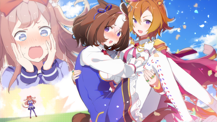 3girls :3 @_@ agnes_digital_(umamusume) ahoge animal_ears blue_eyes blush bow bowtie brown_hair cape carrying carrying_person commentary_request crown hair_bow heart heart-shaped_pupils hekino_(aoruri) horse_ears horse_girl horse_tail horseshoe_ornament long_hair long_sleeves looking_at_viewer meisho_doto_(umamusume) mini_crown multicolored_hair multiple_girls open_mouth orange_hair pantyhose pink_hair pleated_skirt princess_carry purple_serafuku purple_shirt purple_skirt red_bow sailor_collar sailor_shirt school_uniform serafuku shirt short_hair skirt symbol-shaped_pupils t.m._opera_o_(umamusume) tail tracen_school_uniform two-tone_hair two_side_up umamusume violet_eyes white_bow white_bowtie white_hair white_pantyhose