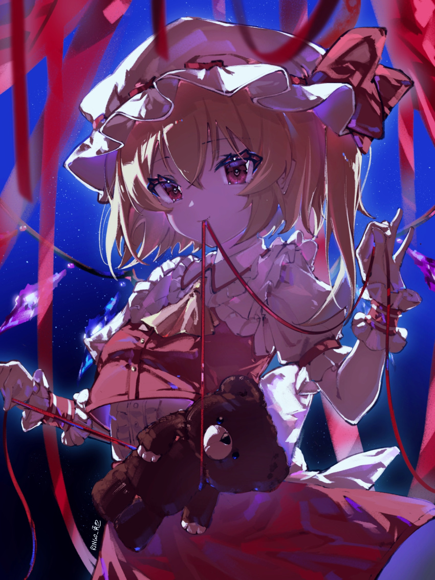 1girl ascot bangs blonde_hair closed_mouth commentary cowboy_shot crystal flandre_scarlet frilled_shirt_collar frills hands_up hat hat_ribbon highres looking_at_viewer medium_hair mob_cap mouth_hold one_side_up puffy_short_sleeves puffy_sleeves red_eyes red_ribbon red_skirt red_vest ribbon ribbon_in_mouth ringo_no_usagi_(artist) shirt short_sleeves signature skirt smile solo stuffed_animal stuffed_toy teddy_bear touhou vest white_headwear white_shirt wings wrist_cuffs yellow_ascot