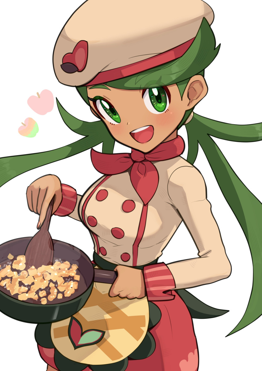 1girl :d absurdres apron bangs buttons commentary_request double-breasted eyelashes gonzarez green_eyes green_hair happy hat highres holding holding_pan holding_spatula long_hair long_sleeves looking_at_viewer mallow_(palentine's_2023)_(pokemon) mallow_(pokemon) official_alternate_costume open_mouth pokemon pokemon_(game) pokemon_masters_ex shirt skirt smile spatula swept_bangs teeth tongue twintails upper_teeth_only waist_apron white_background yellow_apron