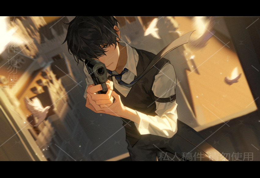 1boy bangs bird black_hair black_necktie black_pants black_vest blurry blurry_background brown_eyes building chinese_text commission dove gun highres holding holding_gun holding_weapon indoors klein_moretti looking_at_viewer lord_of_the_mysteries nail necktie one_eye_covered pants revolver shantianshiguoyu shirt short_hair solo translation_request vest watermark weapon white_shirt wind window