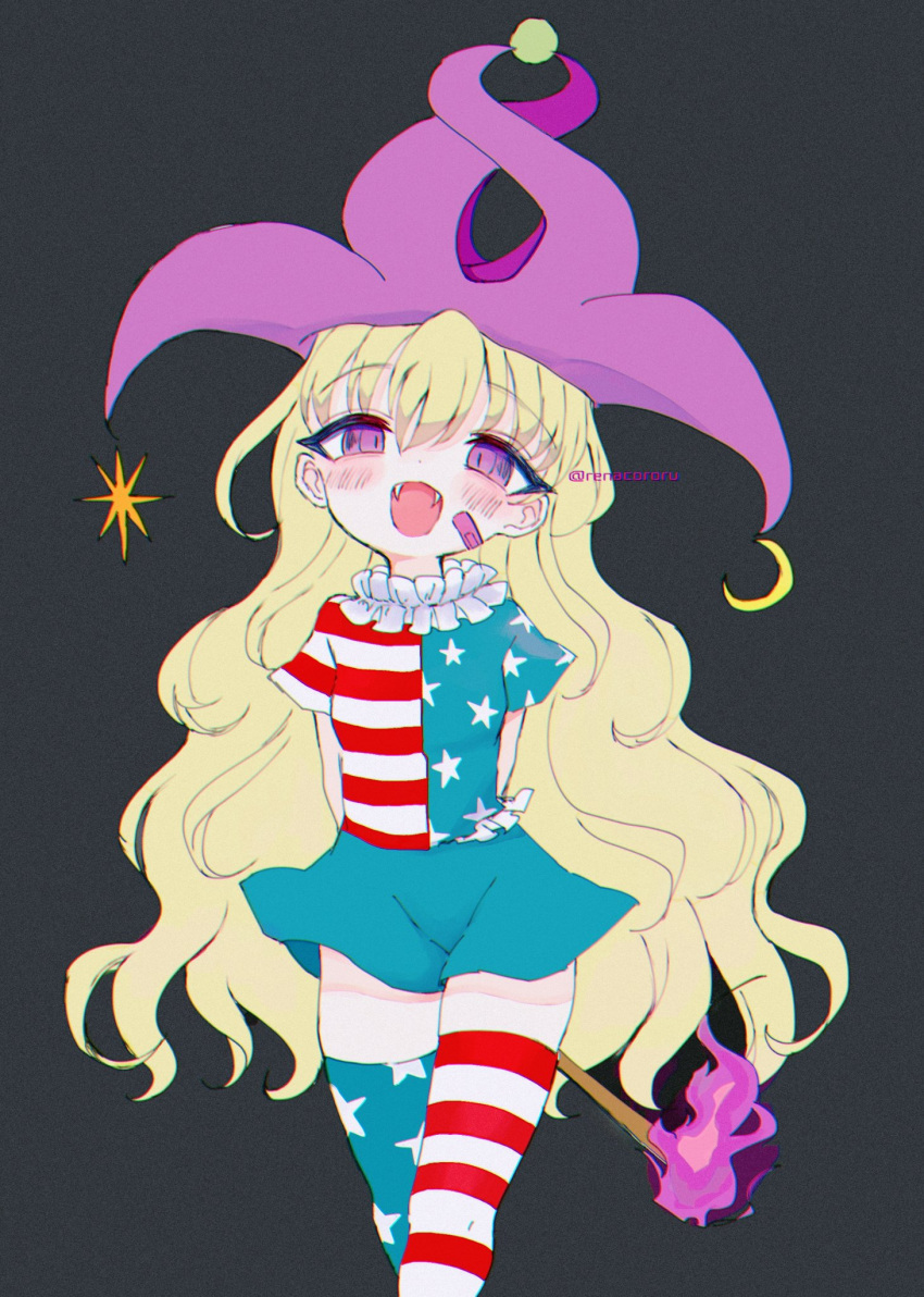 1girl adapted_costume american_flag_legwear american_flag_shirt bandaid bandaid_on_face bangs blonde_hair blue_skirt blush clownpiece crescent crescent_hat_ornament fangs feet_out_of_frame hair_between_eyes hat hat_ornament highres holding holding_torch jester_cap long_hair looking_at_viewer one-hour_drawing_challenge open_mouth pink_eyes pink_headwear polka_dot polka_dot_headwear renakobonb shirt short_sleeves skirt smile solo star_(symbol) star_print striped striped_shirt striped_thighhighs thigh-highs torch touhou twitter_username