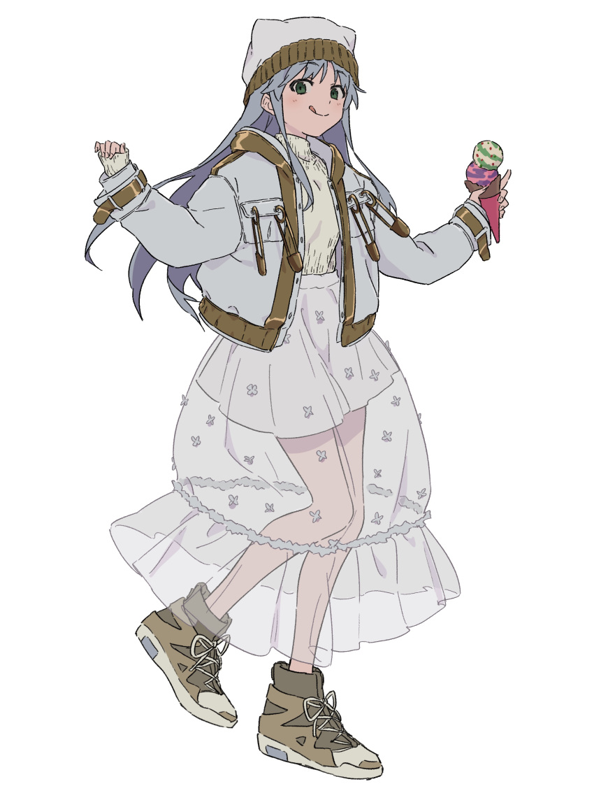 1girl :q absurdres adapted_costume alternate_costume bangs beanie belt blush commentary_request food full_body green_eyes grey_hair hat high_tops highres holding holding_food hood hooded_jacket ice_cream index_(toaru_majutsu_no_index) jacket long_hair long_sleeves looking_at_viewer nike open_clothes open_jacket parka safety_pin see-through shirt shoes sidelocks simple_background skirt sneakers solo standing sweater teruya_(6w6y) toaru_majutsu_no_index tongue tongue_out white_background white_headwear white_jacket white_shirt white_sweater