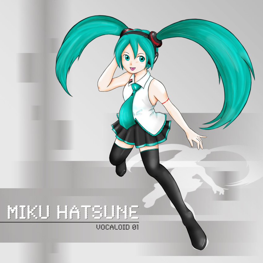 1girl aqua_eyes aqua_hair artist_request full_body grey_shirt happy hatsune_miku highres long_hair looking_at_viewer necktie non-web_source open_mouth shirt skirt sleeveless sleeveless_shirt smile source_request twintails very_long_hair vocaloid