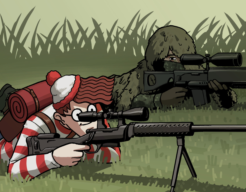 2boys aiming backpack bag brown_hair camouflage english_commentary facepaint glasses gloves grass gun hat highres korean_commentary looking_at_viewer lying male_focus mask mixed-language_commentary multiple_boys on_stomach original outdoors pom_pom_(clothes) rifle round_eyewear smile sniper_rifle striped striped_sweater sweater tall_grass two-tone_headwear two-tone_sweater wally_(where's_wally) wavy_hair weapon weapon_request where's_wally woodland_camouflage yaritoo