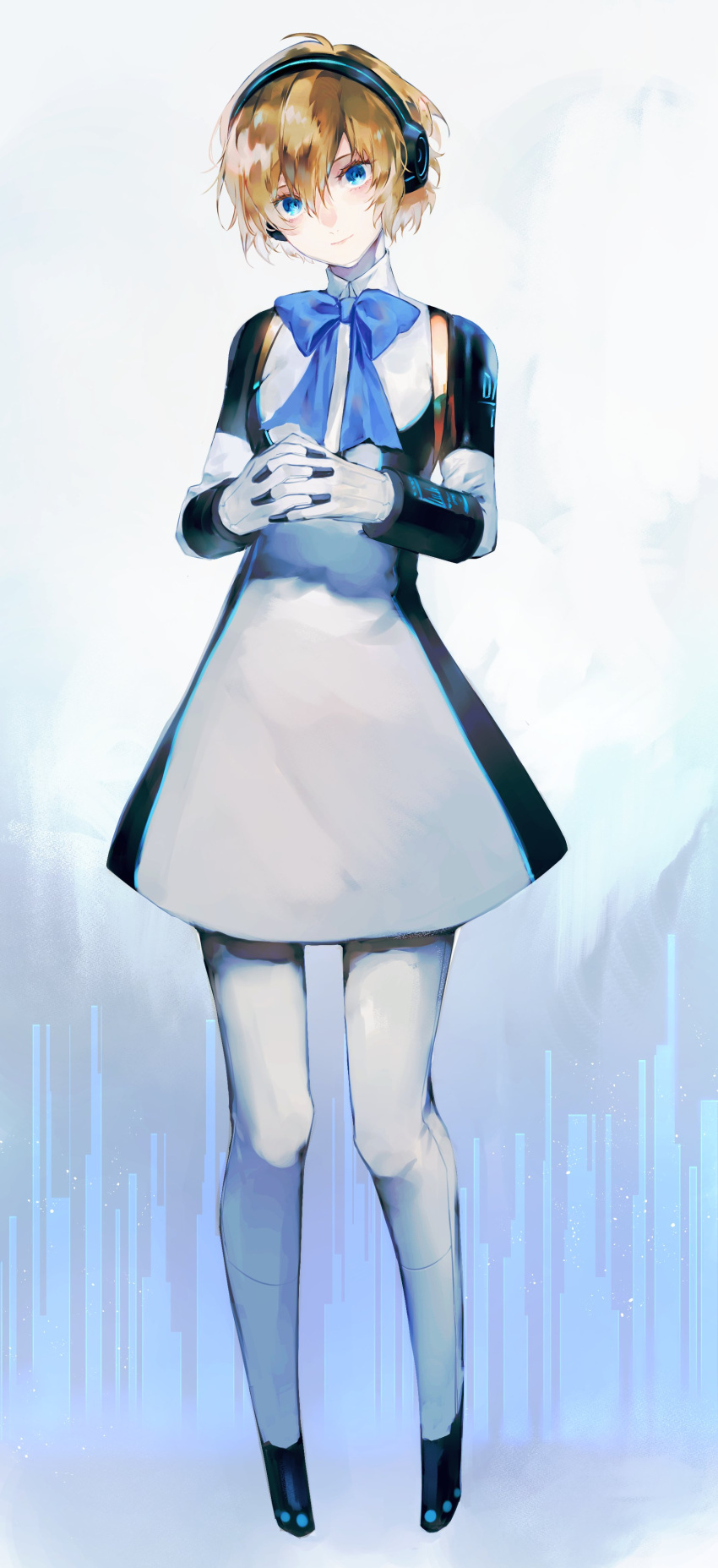 1girl absurdres aegis_(persona) android bangs blonde_hair blue_bow blue_bowtie blue_eyes bow bowtie closed_mouth dress full_body gloves hair_between_eyes head_tilt headphones highres lips looking_at_viewer lor_(roasyerizyonirapi) official_alternate_costume own_hands_together persona persona_3 persona_3:_dancing_moon_night pink_lips robot robot_ears science_fiction short_hair smile solo white_dress white_gloves