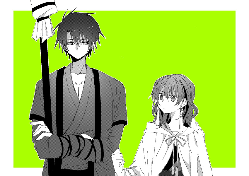 0819_chii 1boy 1girl akatsuki_no_yona border cloak crossed_arms earrings facing_another facing_viewer green_background hak_(akatsuki_no_yona) highres hood hood_down jewelry long_sleeves looking_at_another partially_colored short_hair tassel tassel_earrings white_border yona_(akatsuki_no_yona)