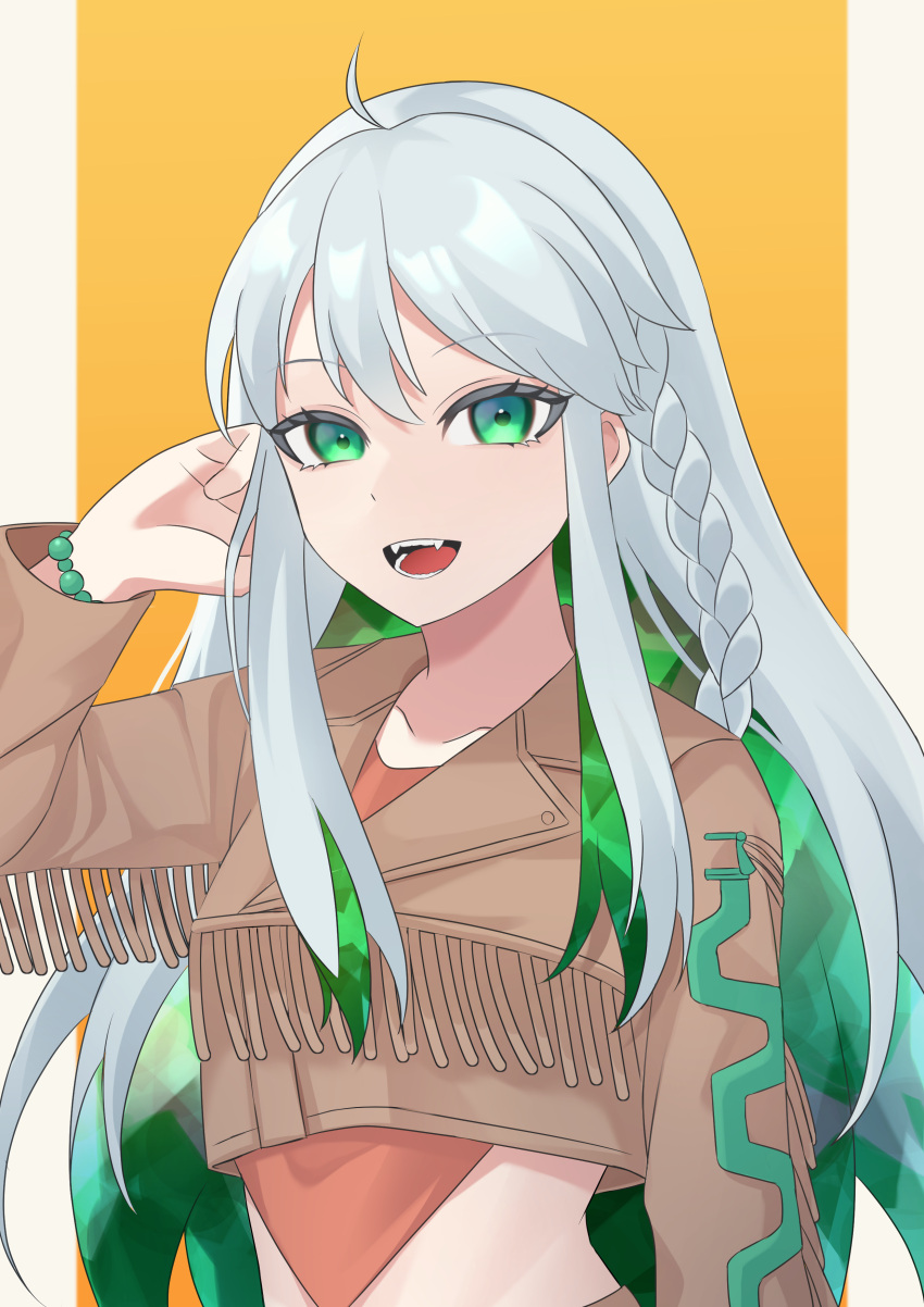 1girl absurdres ahoge blue_hair bracelet braid collarbone colored_inner_hair commentary_request crop_top crystal_hair fangs fate/grand_order fate_(series) fringe_trim green_eyes green_hair highres jacket jewelry kukulkan_(fate) kukulkan_(first_ascension)_(fate) long_hair looking_at_viewer midriff multicolored_hair open_mouth ru999 smile solo teeth tongue upper_body