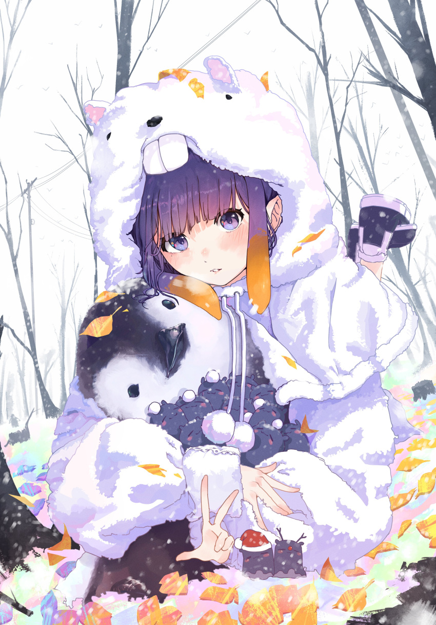 1girl :3 absurdres antlers bangs bare_tree bird blunt_bangs coat commentary daramjwijjang41 english_commentary gradient_hair hat highres hololive hololive_english hug leaf legs_up lying multicolored_hair ninomae_ina'nis on_stomach orange_hair outdoors penguin pointy_ears power_lines purple_hair reindeer_antlers santa_hat snow snowing straight_hair takodachi_(ninomae_ina'nis) tentacle_hair tentacles tree v violet_eyes virtual_youtuber white_coat winter_clothes winter_coat
